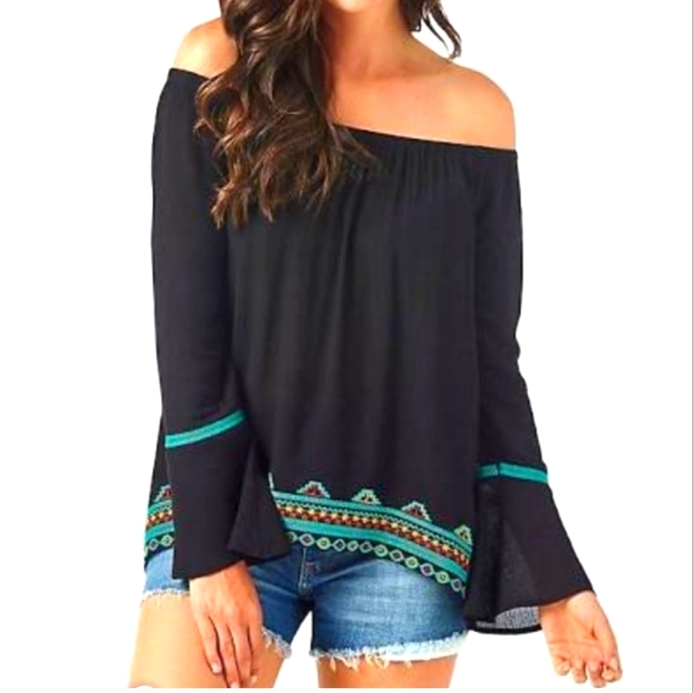 Wrangler Retro Bell Sleeve Off The Shoulder rayon Peasant western blouse S small